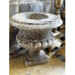 A reconstituted stone campana garden urn, diameter 36cm, height 38cm