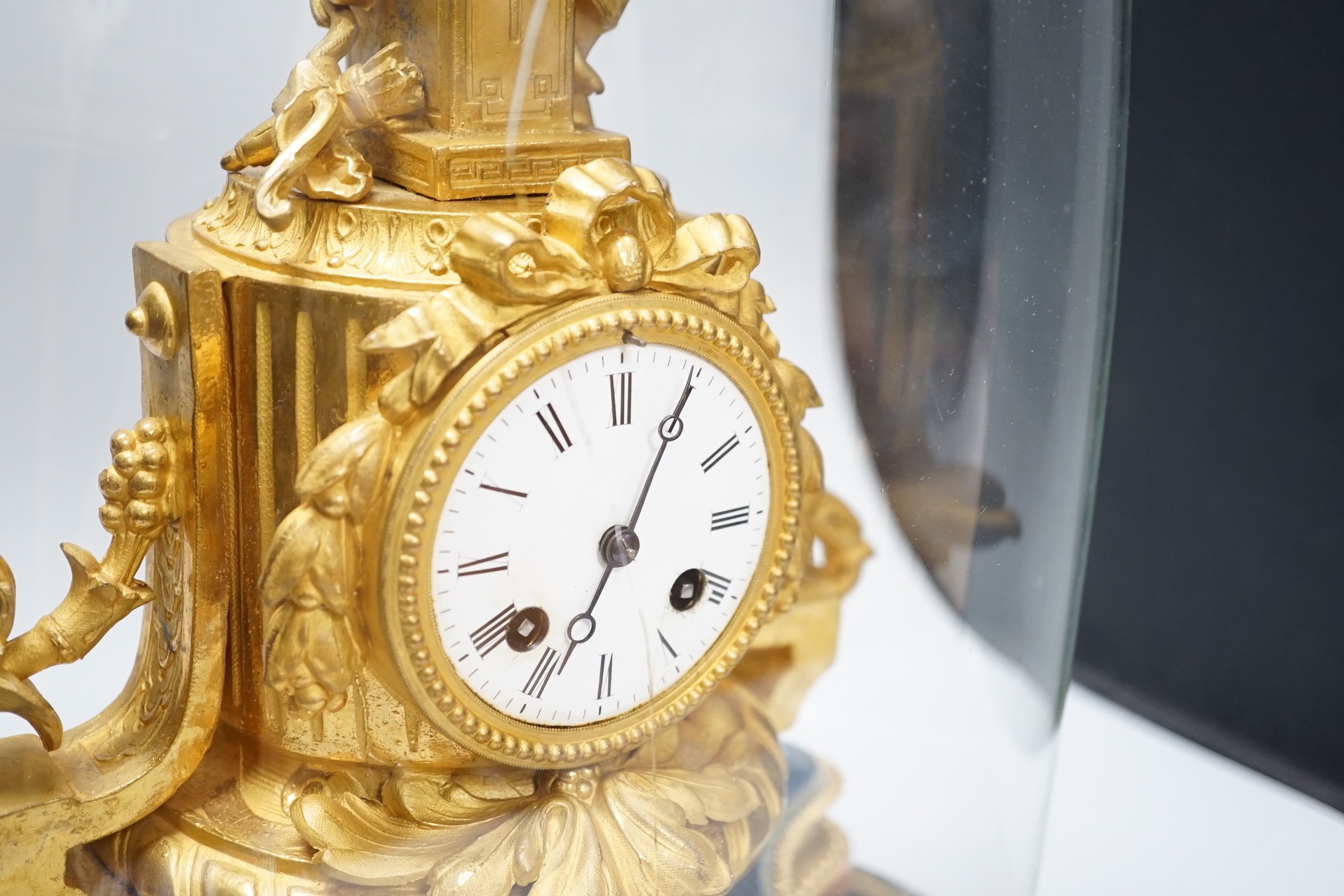 A French 19th century gilt metal clock by Phillipe H. Mourey on stand with glass dome, total - Image 2 of 9