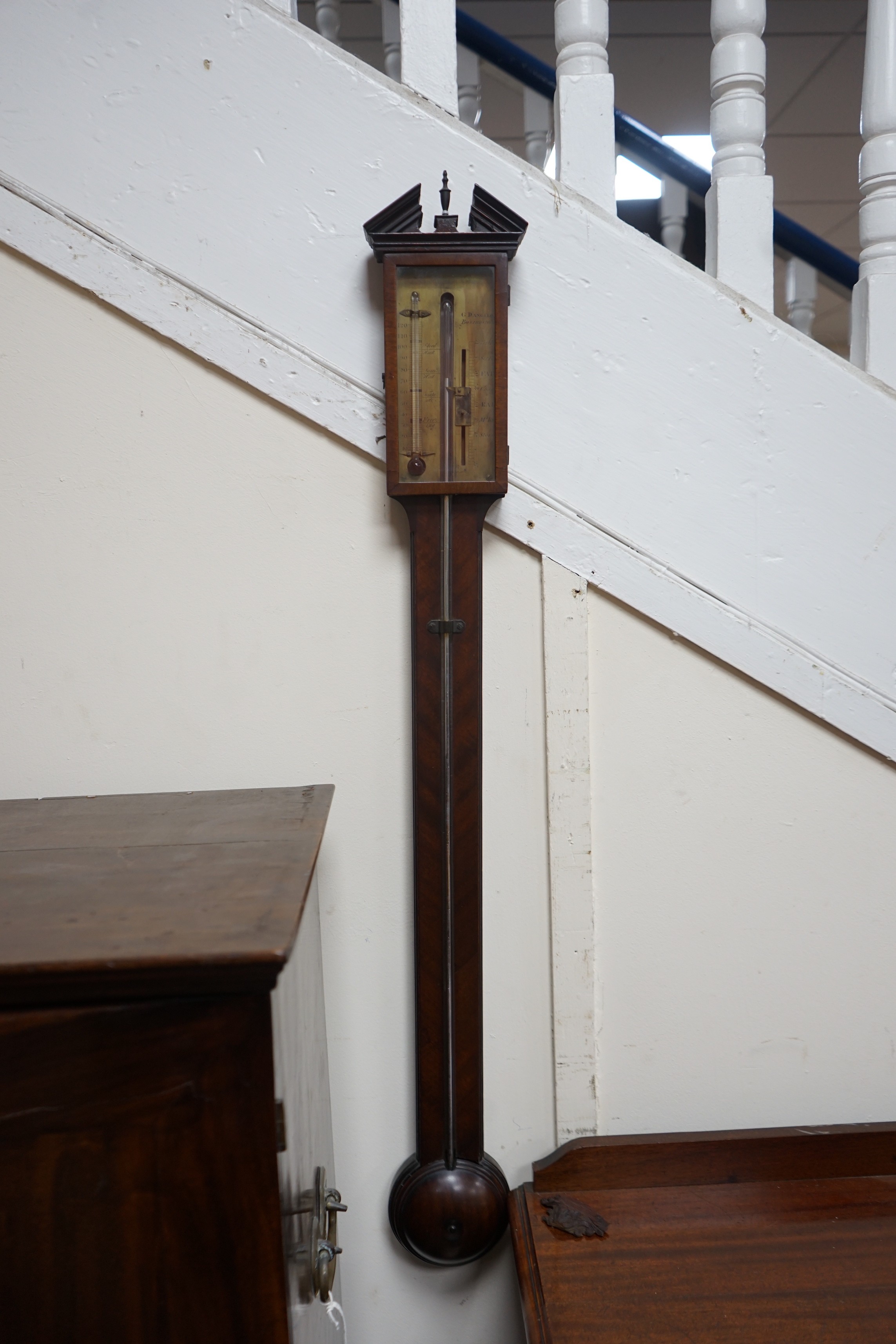 A George III mahogany stick barometer, the engraved brass dial marked Dangelo, Basingstoke, height - Image 2 of 2