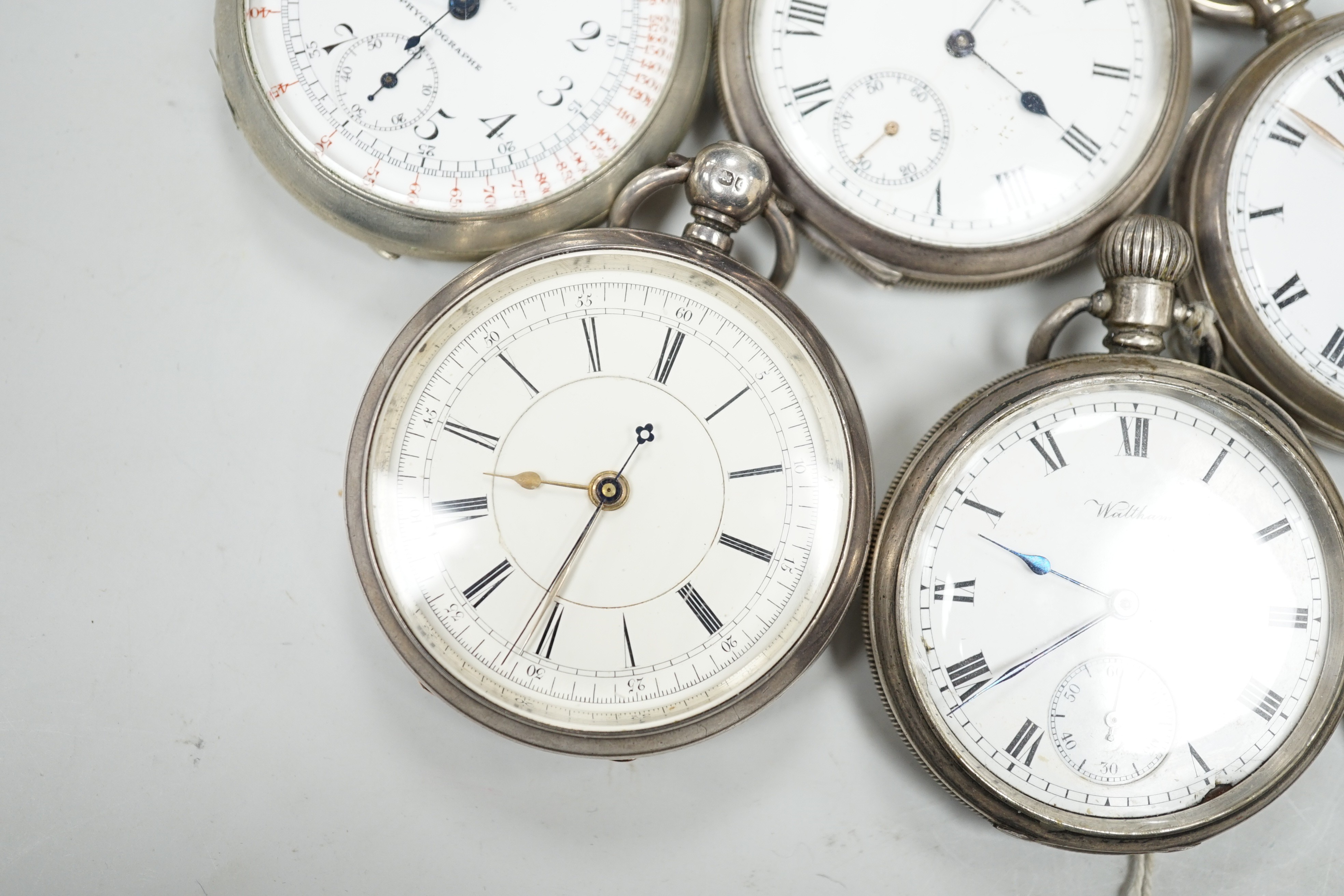 Four assorted silver open faced pocket watches including two Waltham and a J.W. Benson and two other - Image 7 of 7