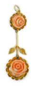 A yellow metal and two stone carved coral set 'rose' drop pendant, overall 57mm, gross weight 6