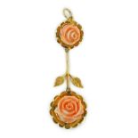 A yellow metal and two stone carved coral set 'rose' drop pendant, overall 57mm, gross weight 6