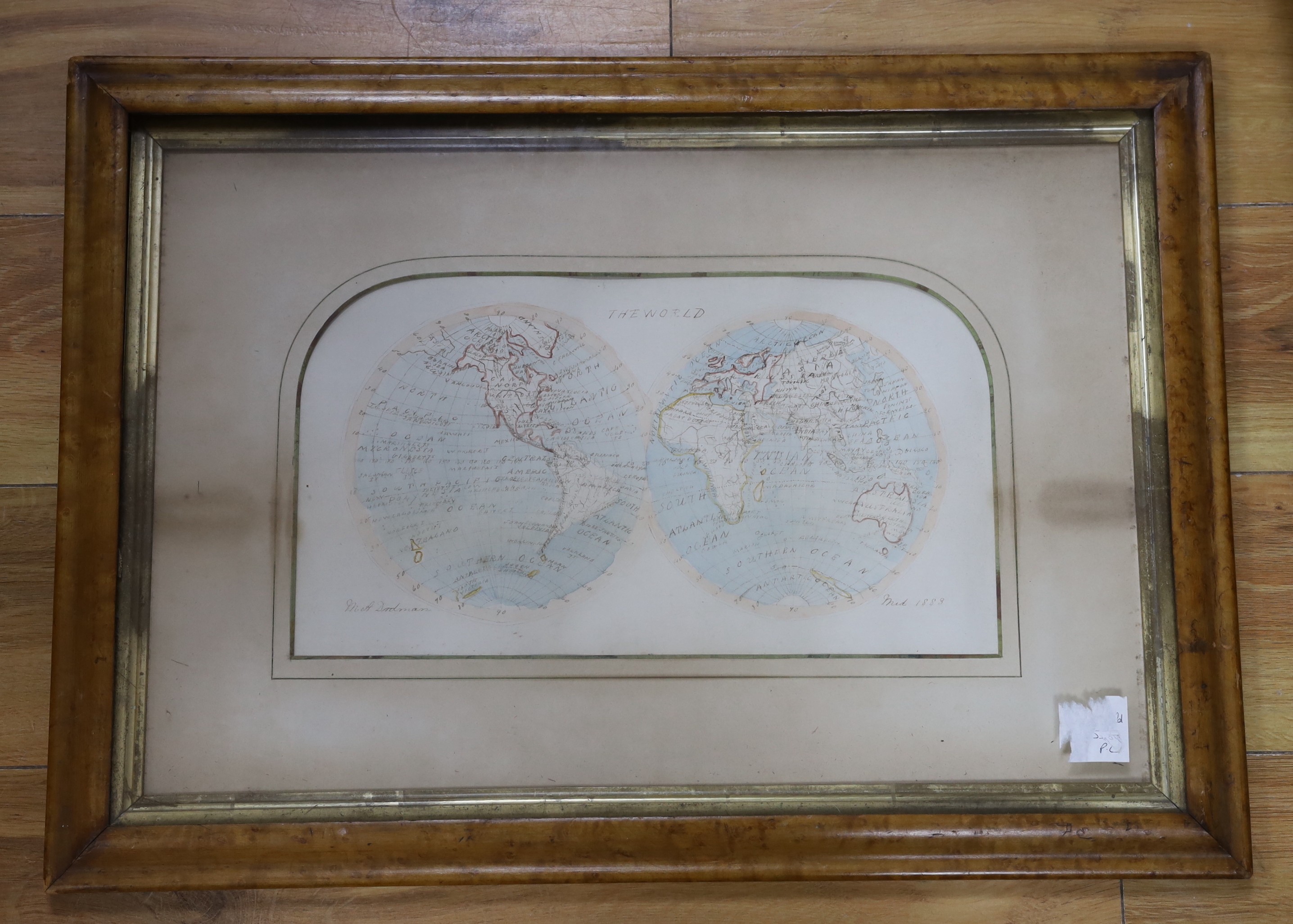 M.A. Dadman (19th C.), watercolour and ink, Map of the World 1883, 22 x 39cm, maple framed - Image 2 of 2