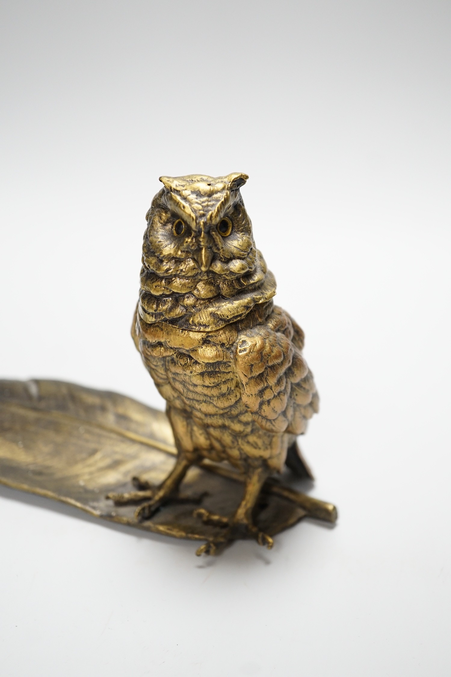 A bronze ‘owl and a feather’ inkwell with Bergman mark, 34cm long - Image 2 of 6