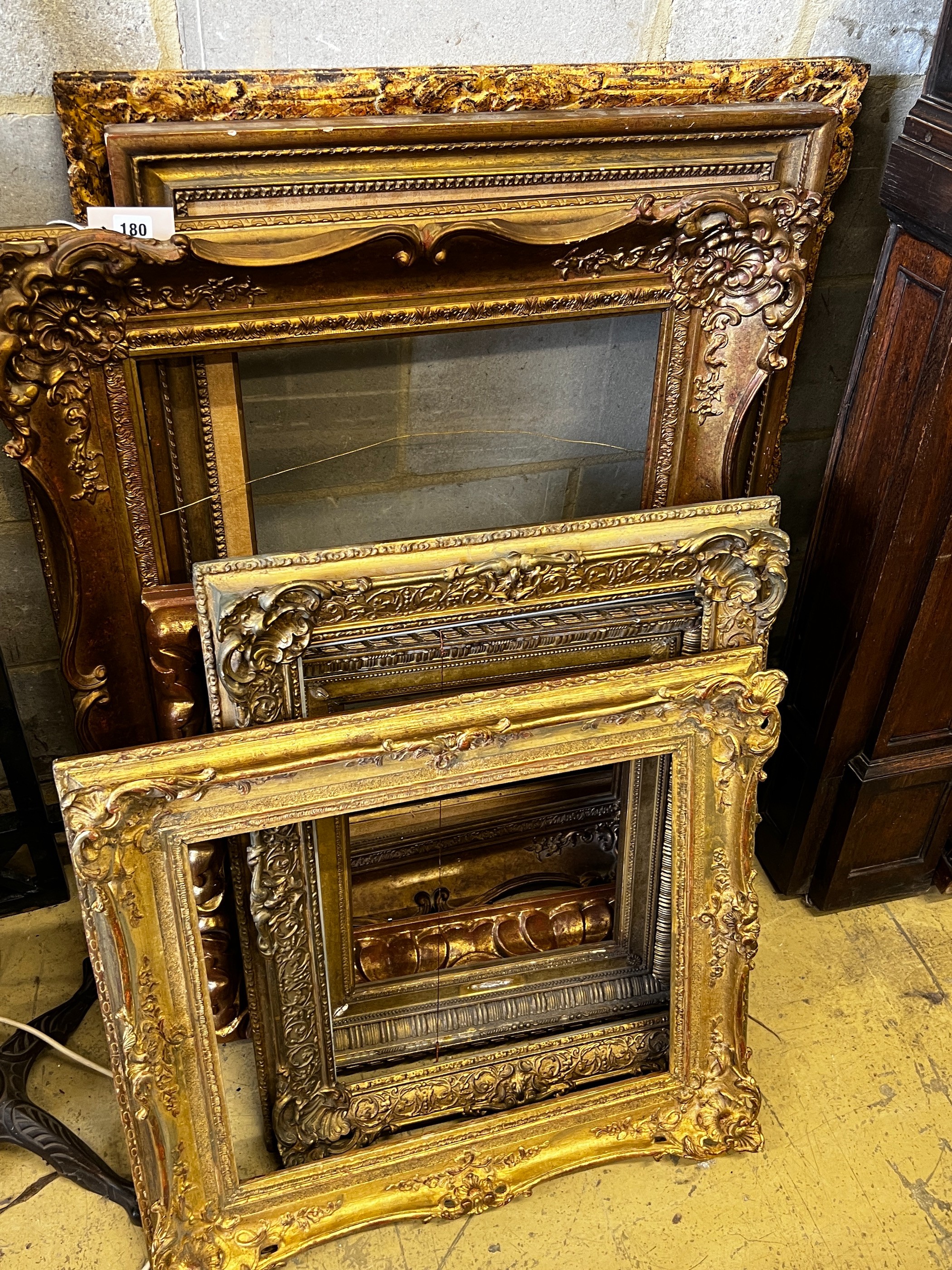 Eight Victorian and later giltwood and composition rectangular picture frames, largest 76 x 94cm - Image 2 of 2