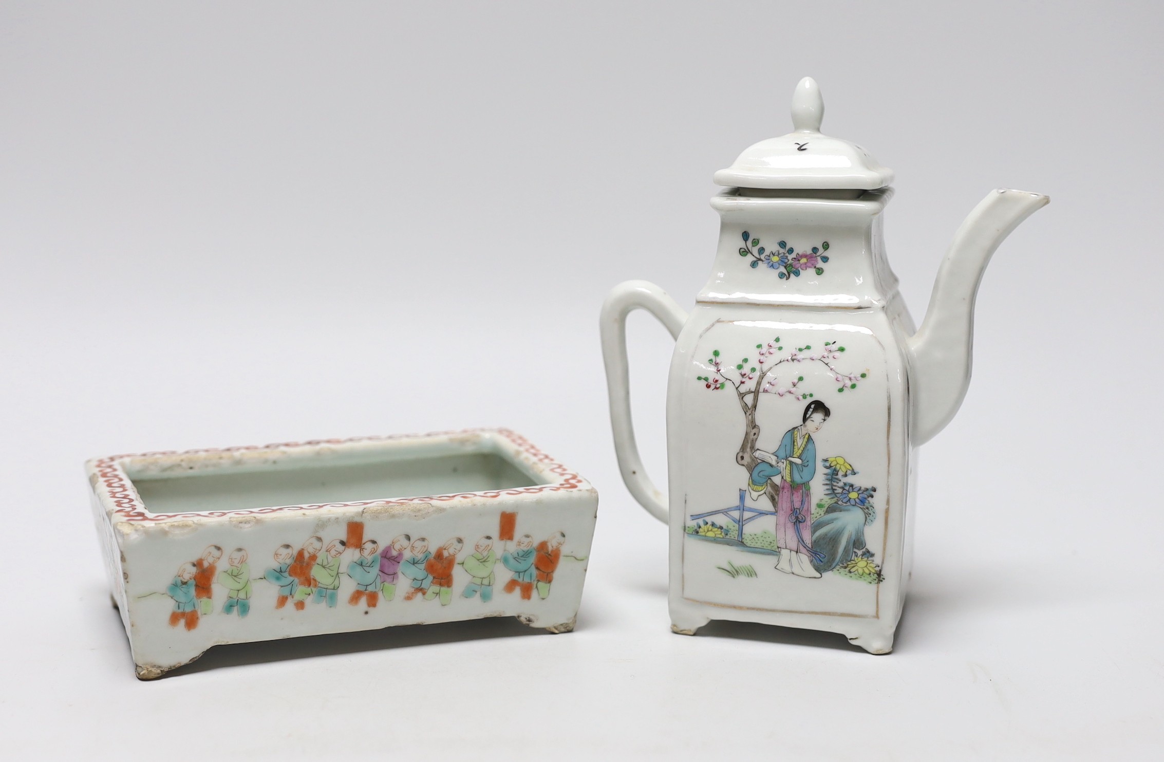 A Chinese Republic period teapot and small dish, teapot 18cm tall