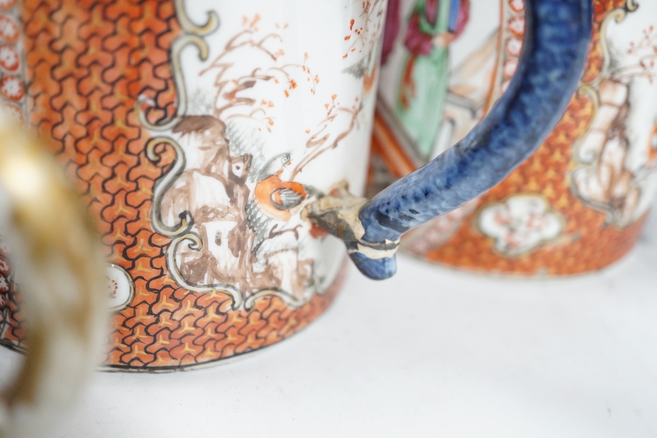 Two Chinese export 'mandarin' mugs and a similar teapot, Qianlong period, tallest mug 14cms high - Image 5 of 8