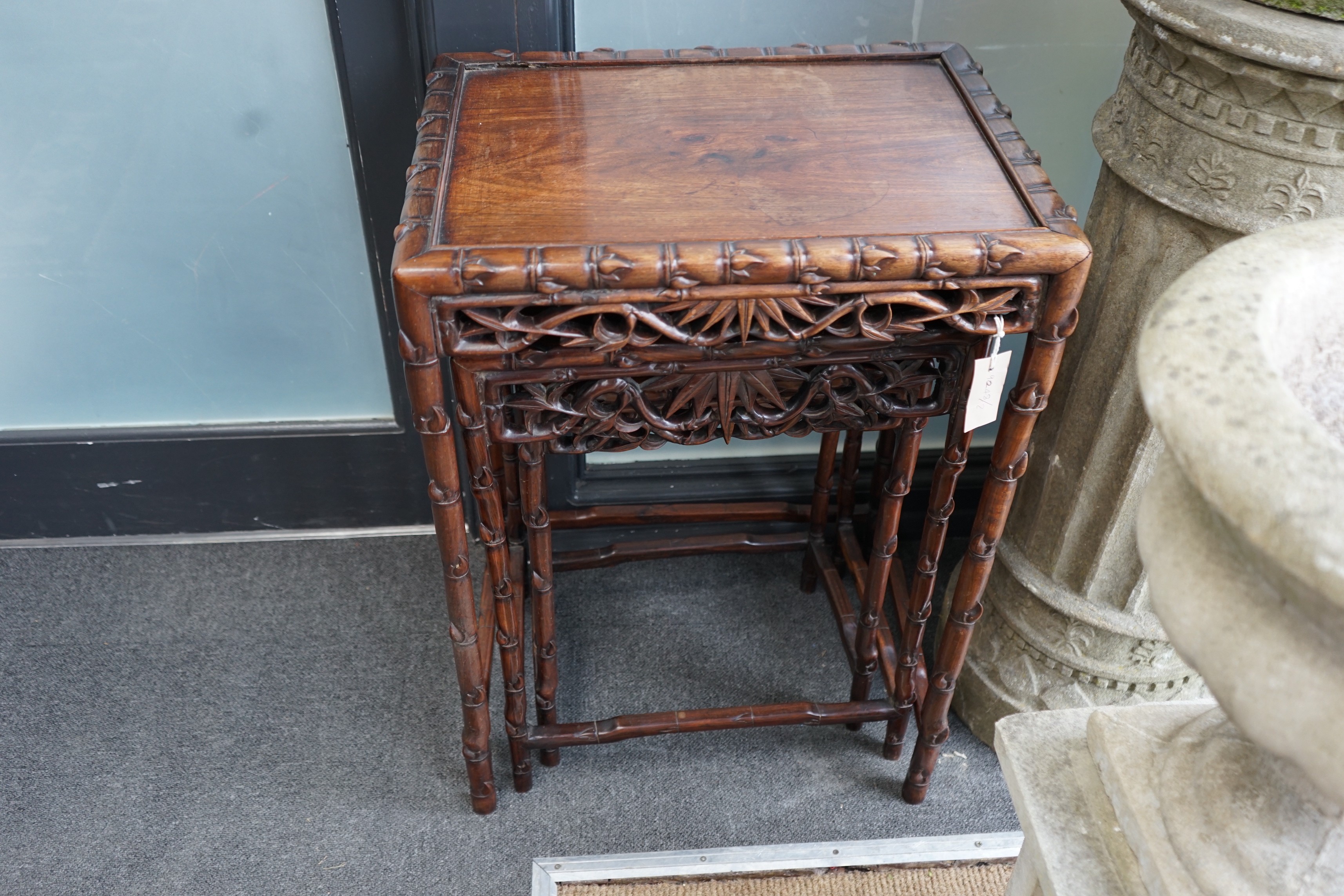 A nest of three Chinese hongmu rectangular tea tables, early 20th century, width 52cm, depth 39cm, - Image 3 of 3