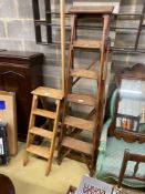 A set of oak four tread library steps and a Jones patent step ladder