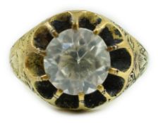An Edwardian 18ct gold and single stone claw set white zircon? ring, size O, size 7 grams.
