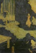 A 19th century reverse print on glass, Japanese figures beside a waterfall, 33 x 23cm