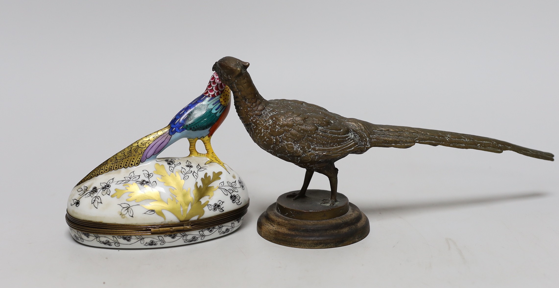 A Limoges pheasant box, together with a bronze figure of pheasant, bronze pheasant 25cms wide - Image 2 of 3