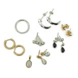 Three assorted modern 9ct earrings including sapphire and diamond chip set half hoop, gross 6.3