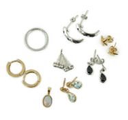 Three assorted modern 9ct earrings including sapphire and diamond chip set half hoop, gross 6.3