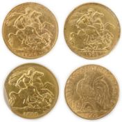 Two gold sovereigns, Victoria 1898M and Edward VII 1910, a George V half sovereign 1913 and a France
