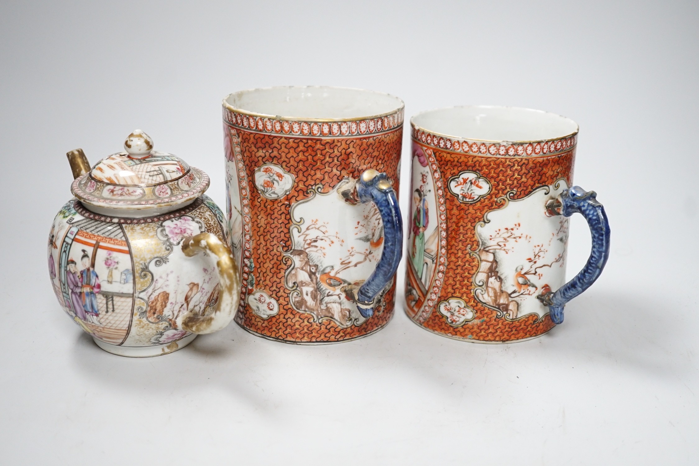 Two Chinese export 'mandarin' mugs and a similar teapot, Qianlong period, tallest mug 14cms high - Image 3 of 8