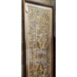 A polychrome embroidered panel, framed, the panel width 51cm, height 192cm