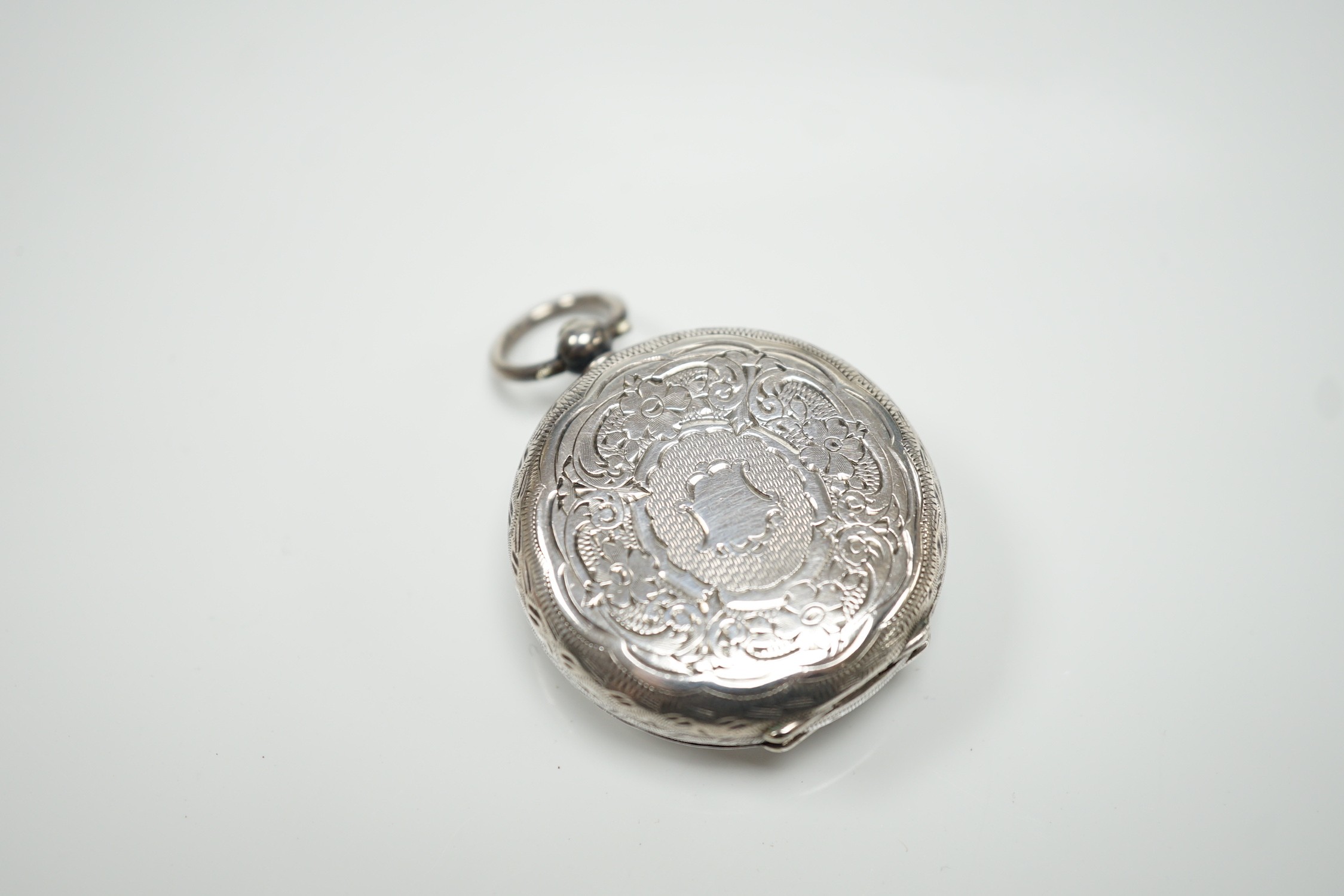 A George V silver mounted fob watch stand, Birmingham, 1923, 79mm, containing a Swiss white metal - Image 6 of 6