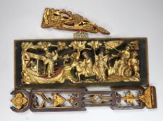 A carved gilt Chinese figural relief and two other similar items, relief 46cms wide, 17cms high