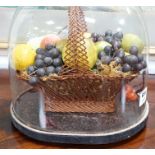 A Victorian wax fruit arrangement in a basket under glass dome, 34cms high