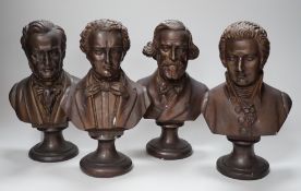 A set of four bronze busts of composers: Schubert, Wagner, Verdi and Mozart, 14cms high
