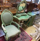 A Victorian style mahogany open armchair, together with a side table, dressing mirror and bedside