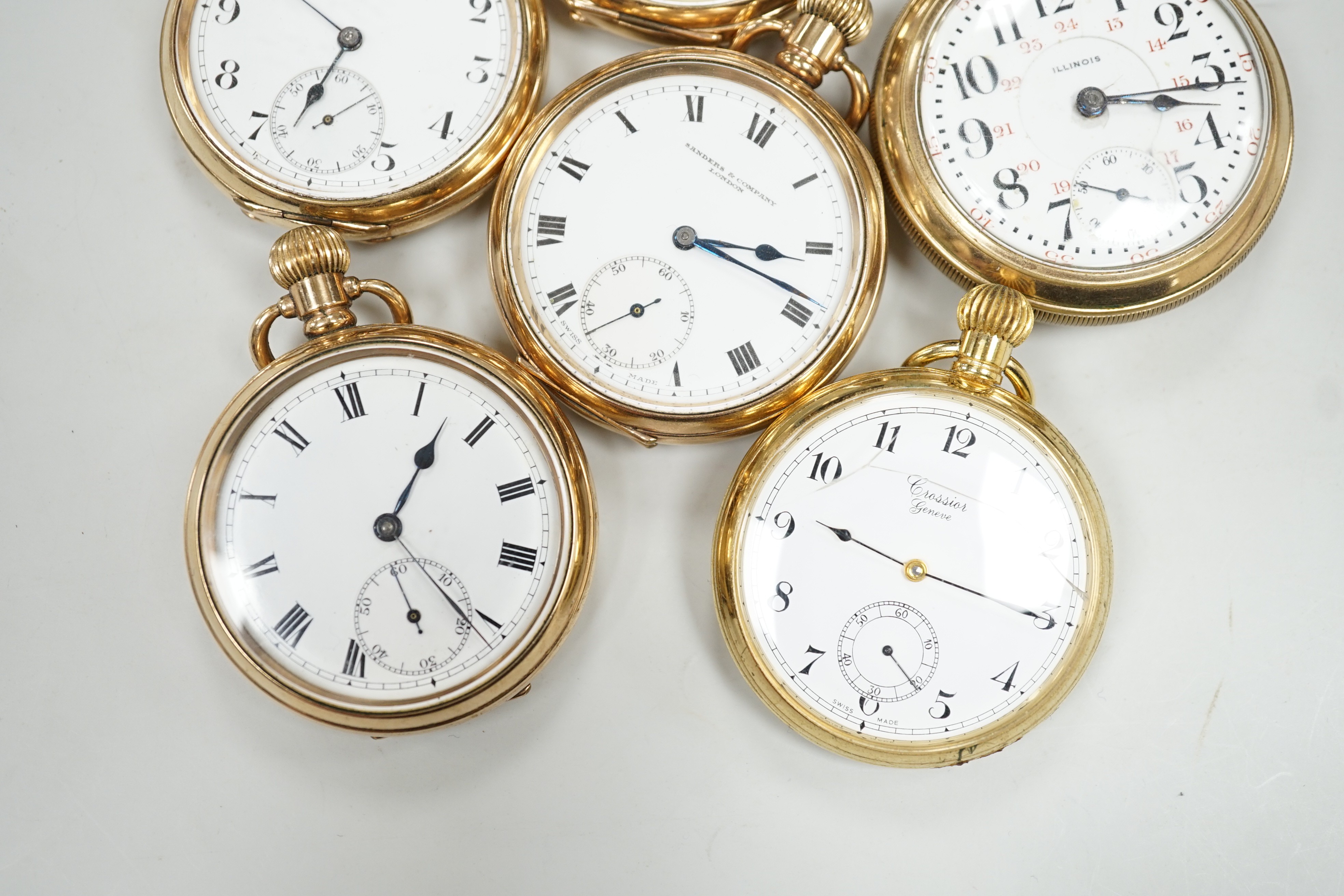 Six assorted gold plated open faces pocket watches, including Limit and Sanders Company. - Image 6 of 6