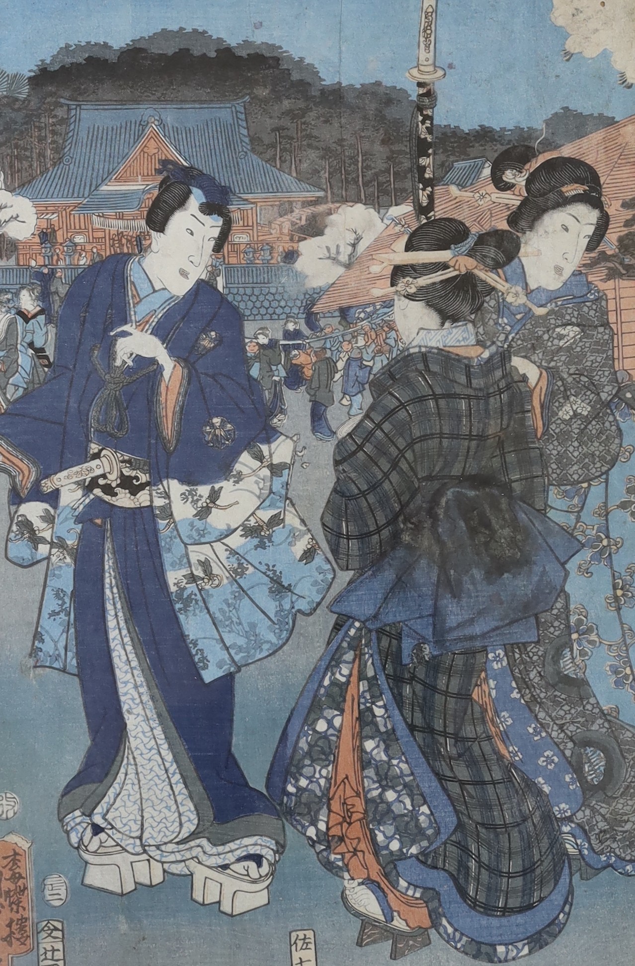 Kunisada, Japanese, pair of woodblock prints, Figures on the street and Prunus blossom, 33 x 22cm - Image 2 of 3