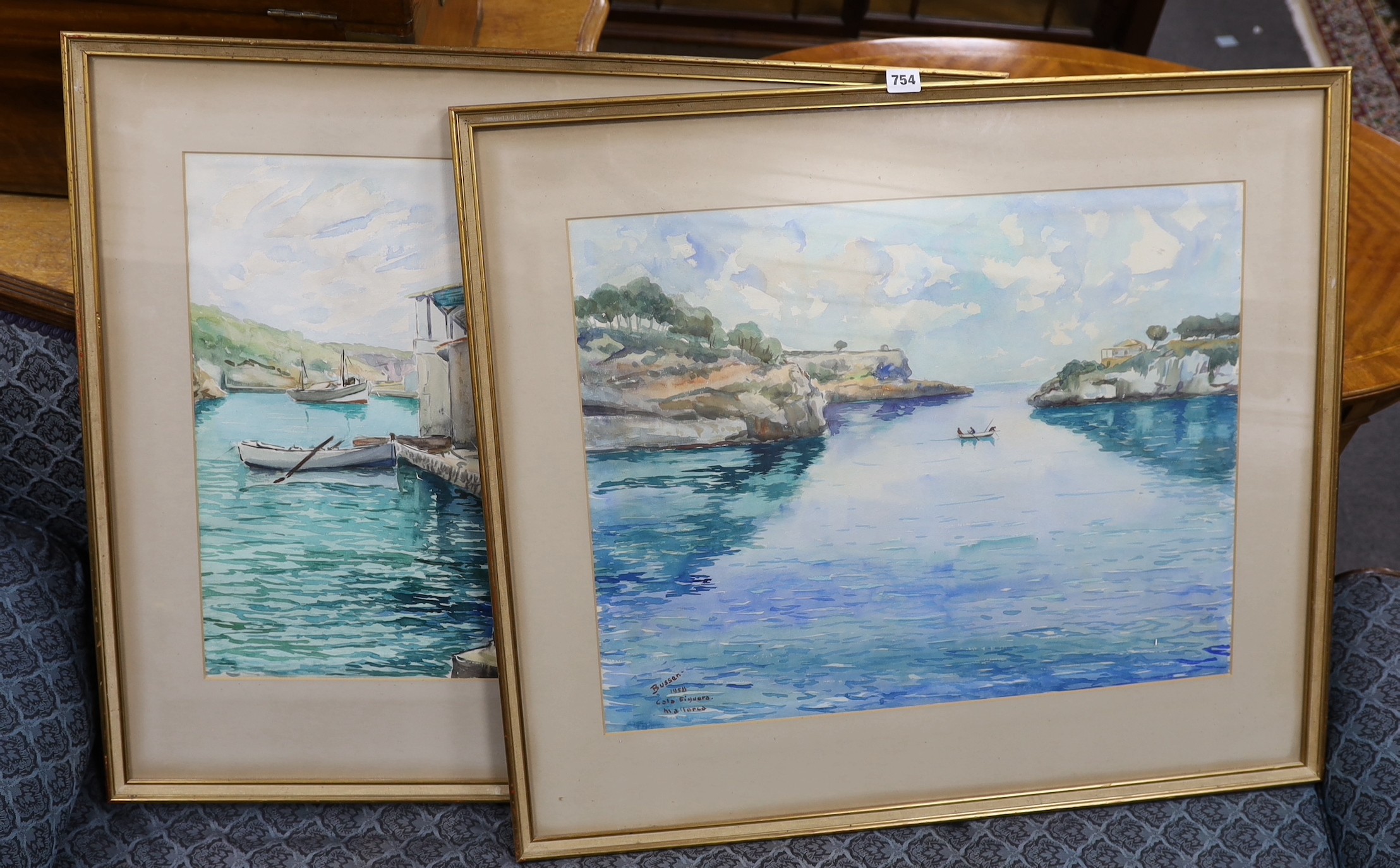 Busser, two watercolours, 'Cala Figuera, Mallorca', signed and dated 1958, 50 x 64cm