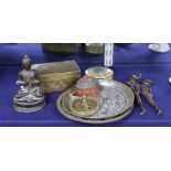 A group of Indian & Islamic items: an astrolobe, betel nut cutters, three bones and two dishes