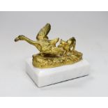 A gilt-bronze model dog and duck signed Mauroy, on marble base, 13.5cm long