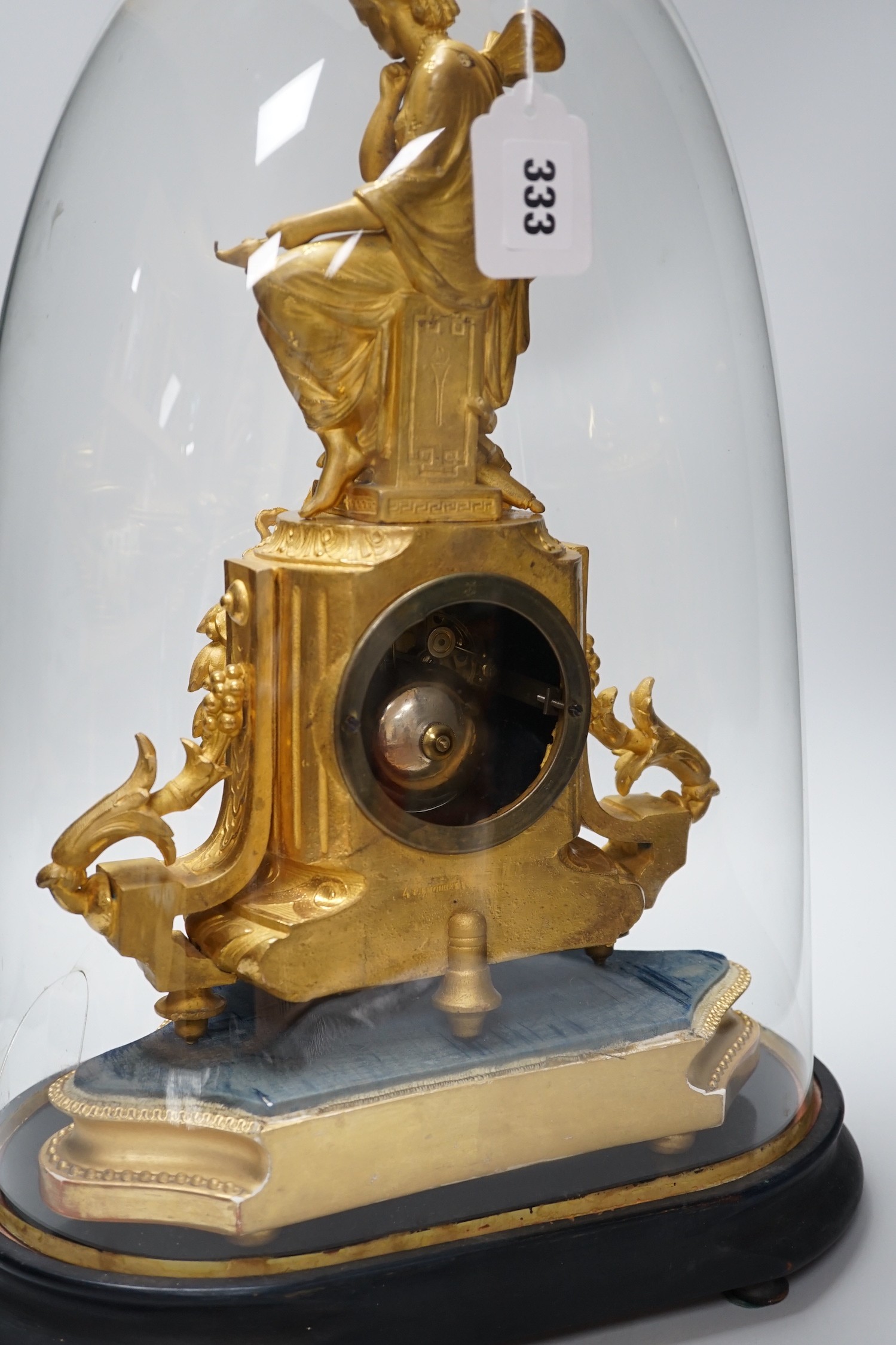 A French 19th century gilt metal clock by Phillipe H. Mourey on stand with glass dome, total - Image 7 of 9