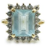 A 585 yellow metal, aquamarine and diamond set rectangular cluster ring, size N, gross weight 6.2