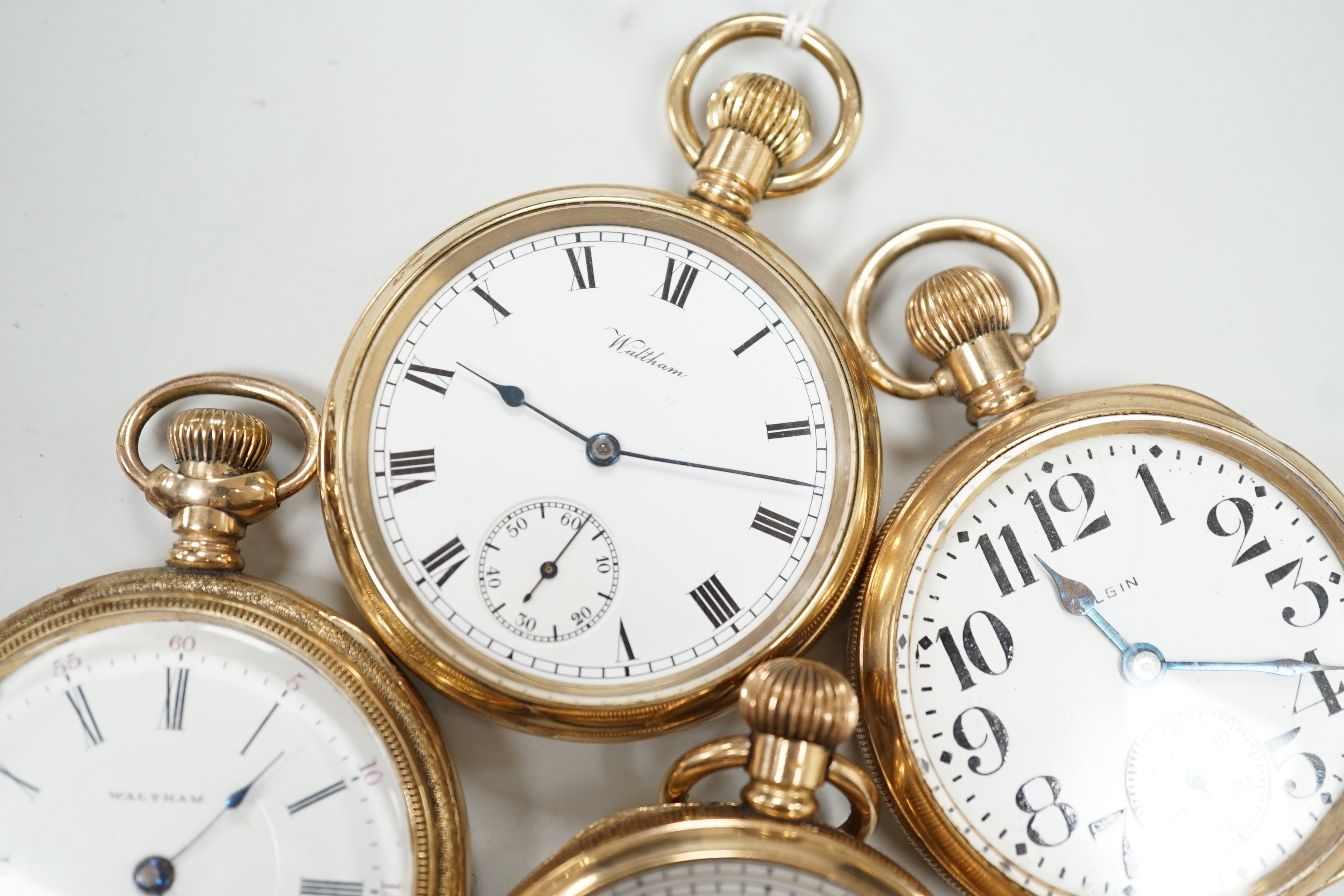 Three assorted gold plated Waltham open faced pocket watches and a similar Elgin pocket watch. - Image 2 of 5