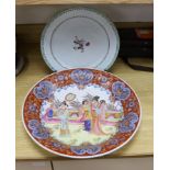 A large Chinese Export plate and a later figural dish, 48cms diameter