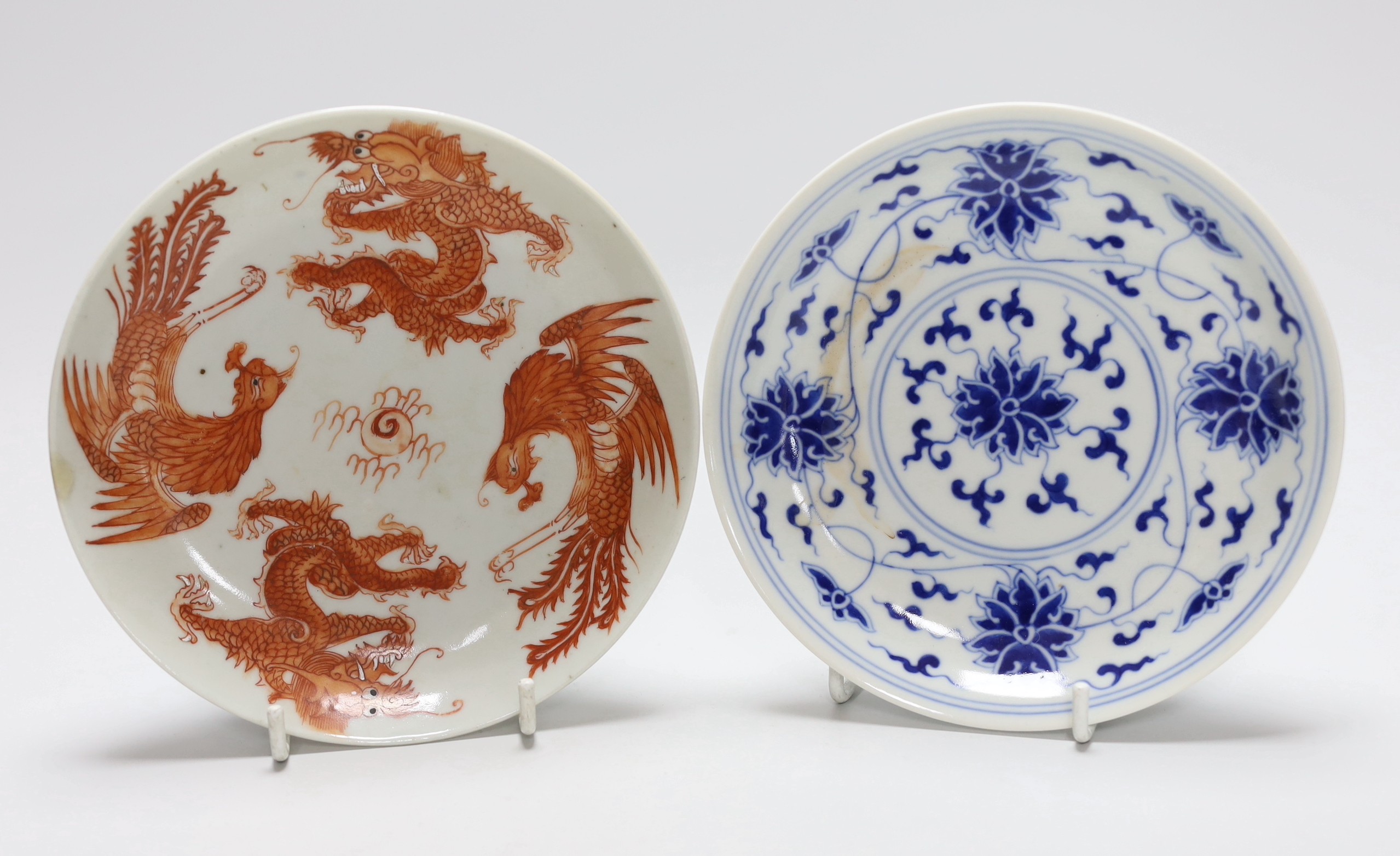 A Chinese blue and white saucer, together with a ‘dragon and phoenix’ saucer and a famille rose - Image 5 of 6