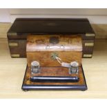 A Victorian brass bound rosewood writing slope and a Victorian walnut inkstand stationery rack,