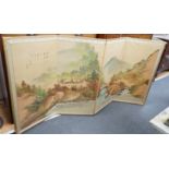 A Chinese painted four fold low screen, each panel width 46cm, height 91cm