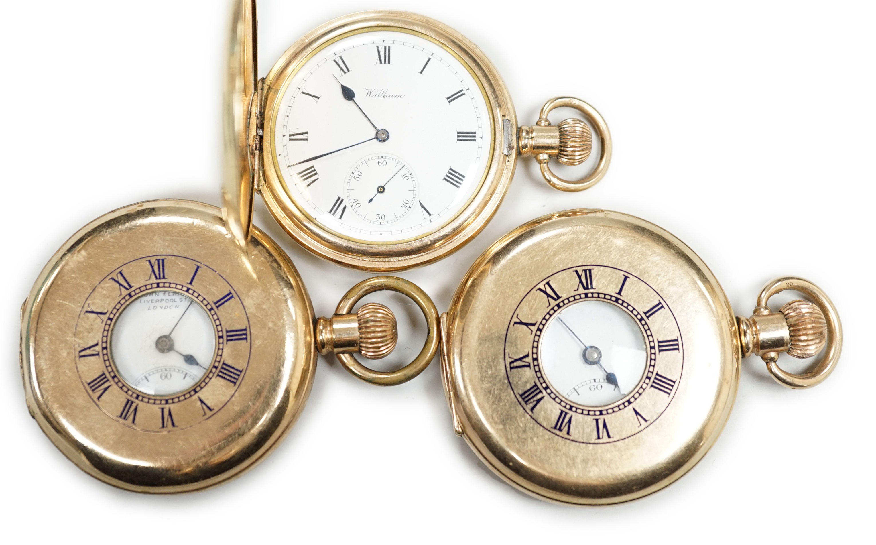 A gold plated Waltham hunter keyless pocket watch and two gold plated half hunter pocket watches,