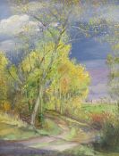 Timothy Easton (b.1943), oil on canvas, 'Poplars against stormy sky 1989', signed, 24 x 19cm