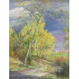 Timothy Easton (b.1943), oil on canvas, 'Poplars against stormy sky 1989', signed, 24 x 19cm