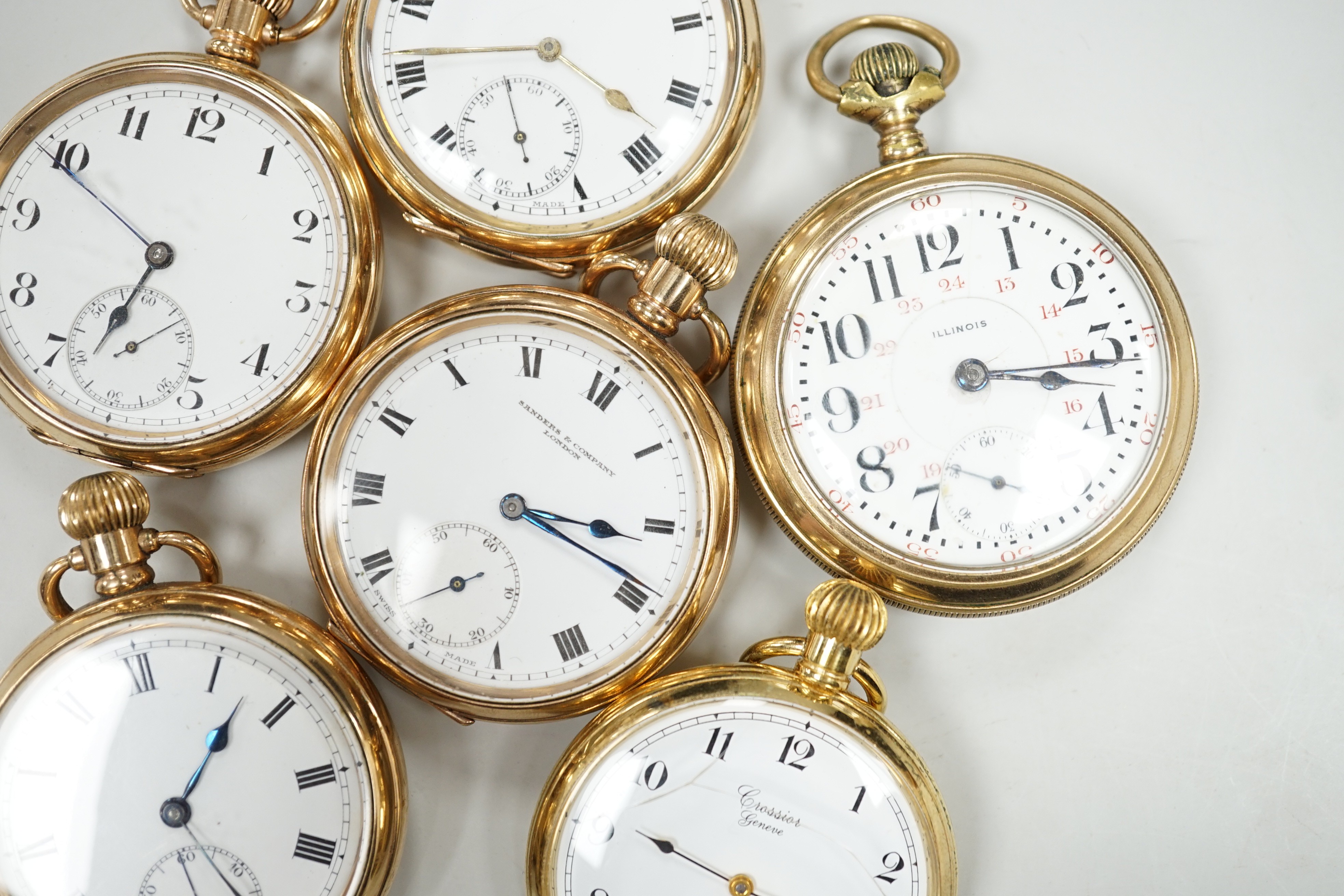 Six assorted gold plated open faces pocket watches, including Limit and Sanders Company. - Image 5 of 6