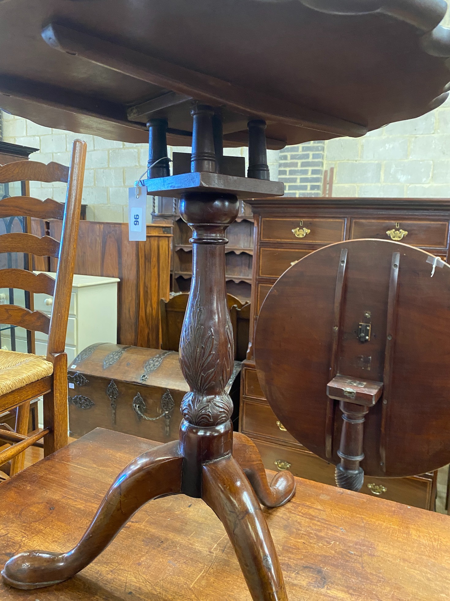 A George III and later circular mahogany tilt top tripod tea table, diameter 61cm, height 69cm - Image 2 of 2