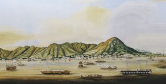20th century Chinese School, watercolour, Shipping off Hong Kong in the 19th century, 71 x 137cm,