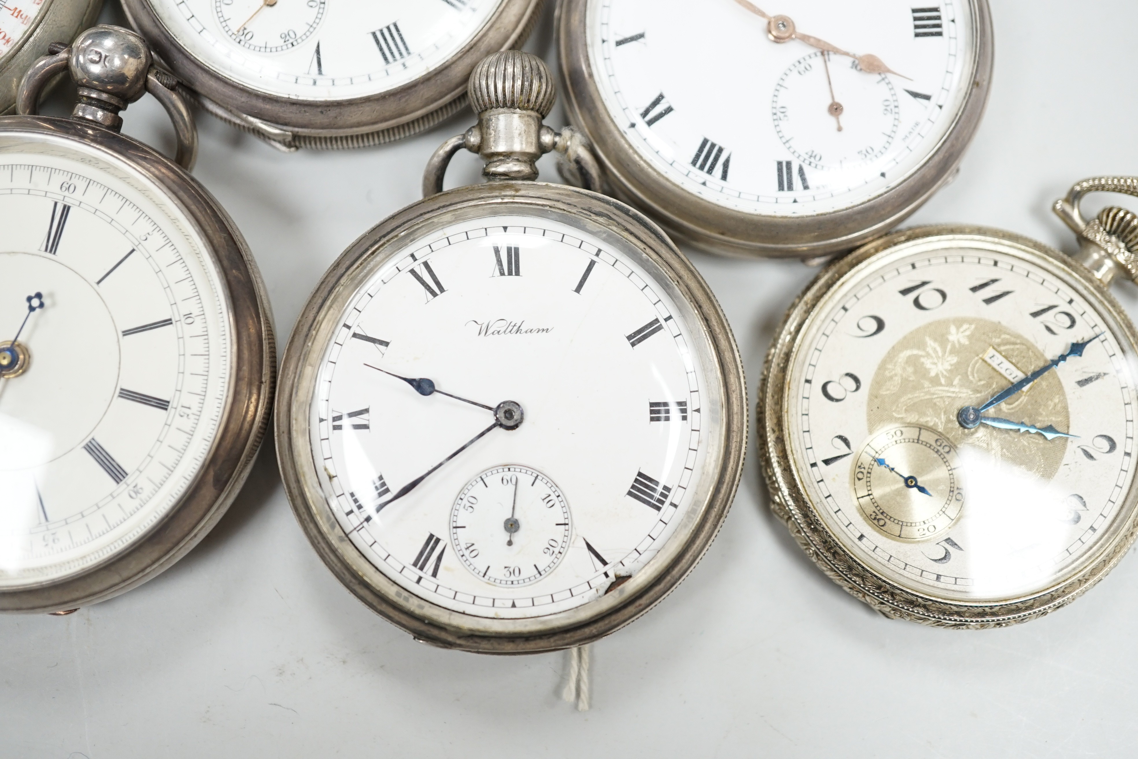Four assorted silver open faced pocket watches including two Waltham and a J.W. Benson and two other - Image 3 of 7