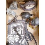 A metal figural money box, a pair of hardstone temple dogs, a novelty snail clock, metal tools and a