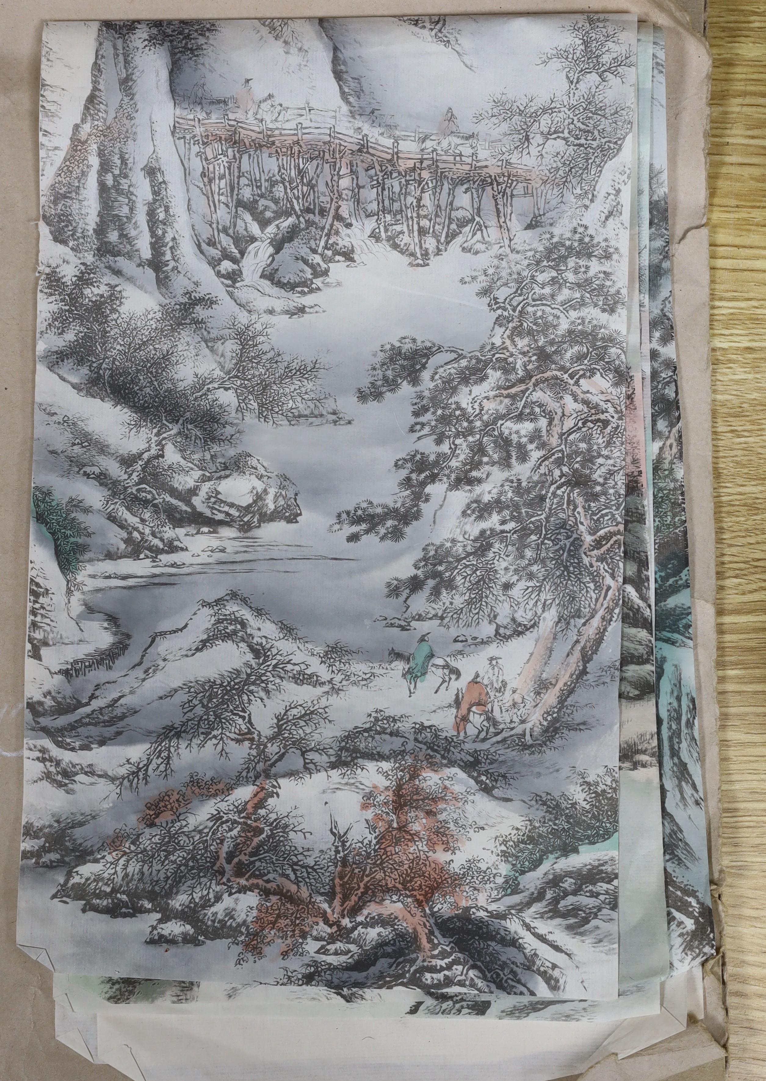 Chinese School, set of four woodblock prints, Mountainous landscapes, 67 x 20cm, unframed