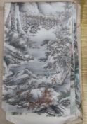 Chinese School, set of four woodblock prints, Mountainous landscapes, 67 x 20cm, unframed