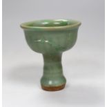 A Chinese Longquan celadon stem cup, Ming dynasty, 10cm, restored