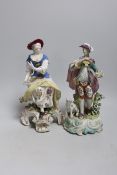 Two 18th century Derby figures: a seated lady and gentleman with a dog, 23cms high
